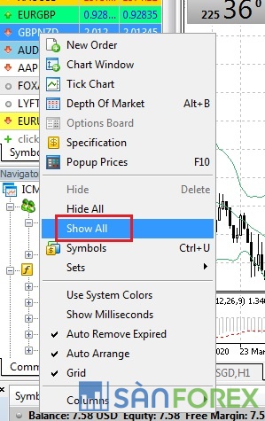 Để hiển thị tất cả các cổ phiếu được cung cấp tại sàn, sau khi kích chuột phải vào khu vực Market Watch, các bạn chọn Show All như hình dưới: