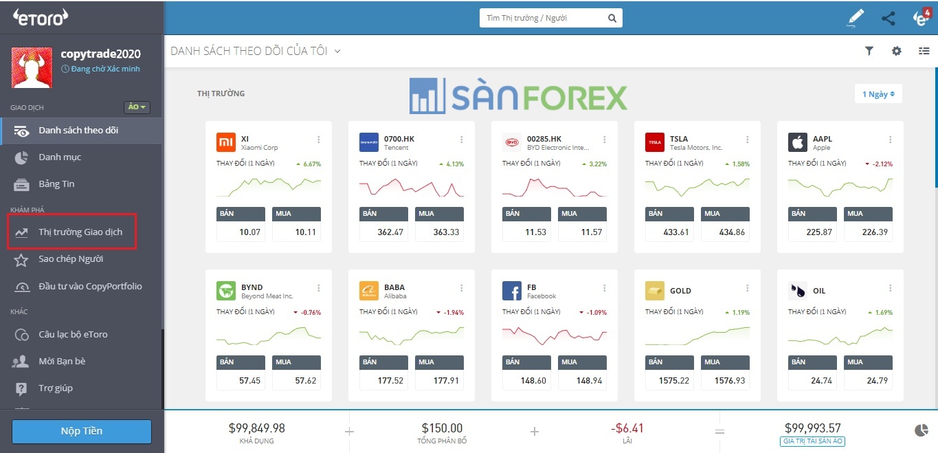 Giao diện của nền tảng giao dịch tại eToro hiện ra như sau: