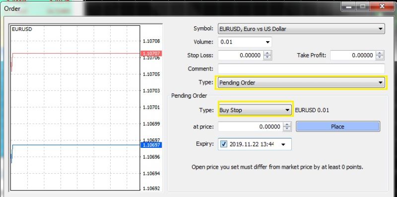 Cách cài đặt lệnh buy stop và sell stop