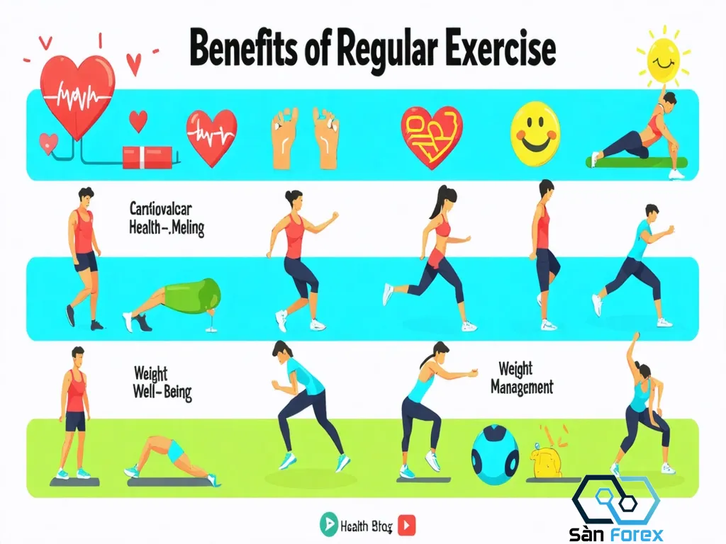 Infographic illustrating the benefits of regular exercise including cardiovascular health, mental well-being, weight management, and social interaction.