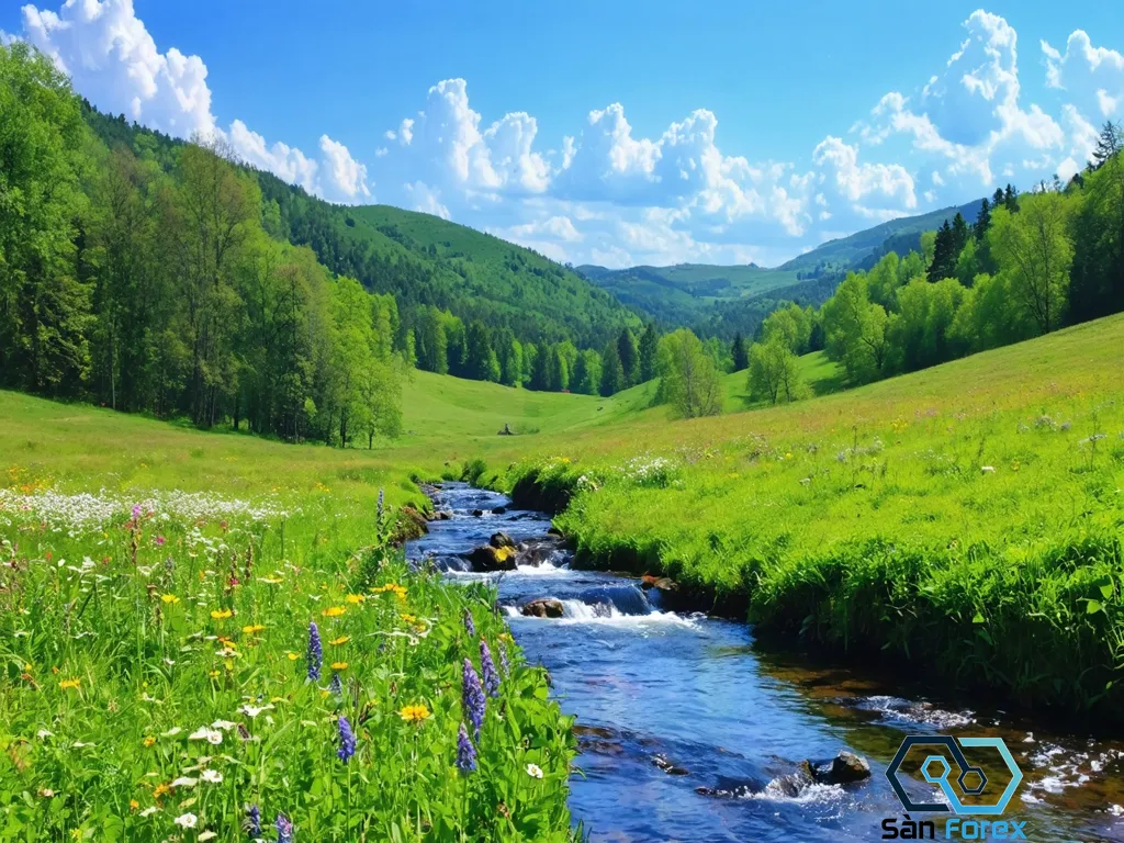 A serene landscape with a lush green meadow and a gentle stream under a bright blue sky.